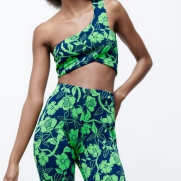 💕 Zara Green Blue Jaquard Hi waistFlare Pants Set Bloggers favourite - Picture 12 of 13